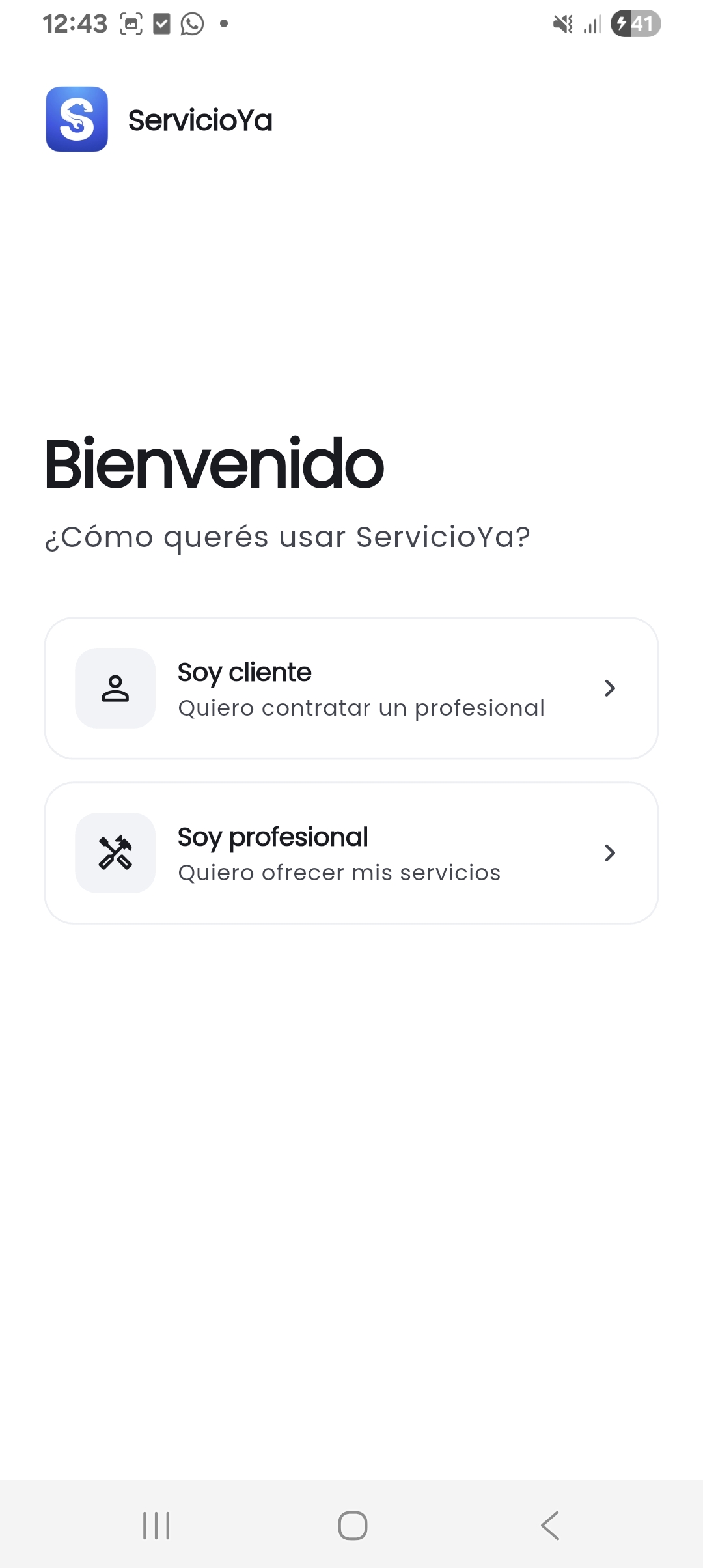 Pantalla de inicio de Servicio Ya